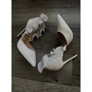 Marc Defang White Ruffle Stiletto Heels Size 6.5 | Bridal Statement Shoes